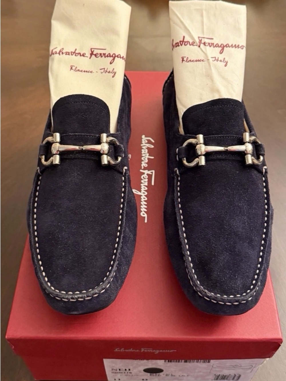 Salvatore Ferragamo Navy Suede Horsebit Driving Loafers